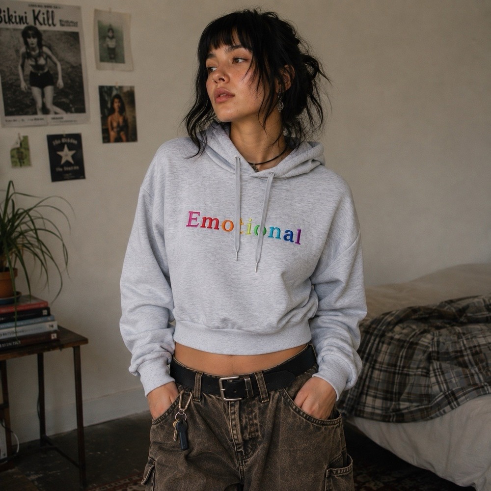Cropped Hoodie M Gray Rainbow Emotional Embroidered Y2K Indie Streetwear Grunge